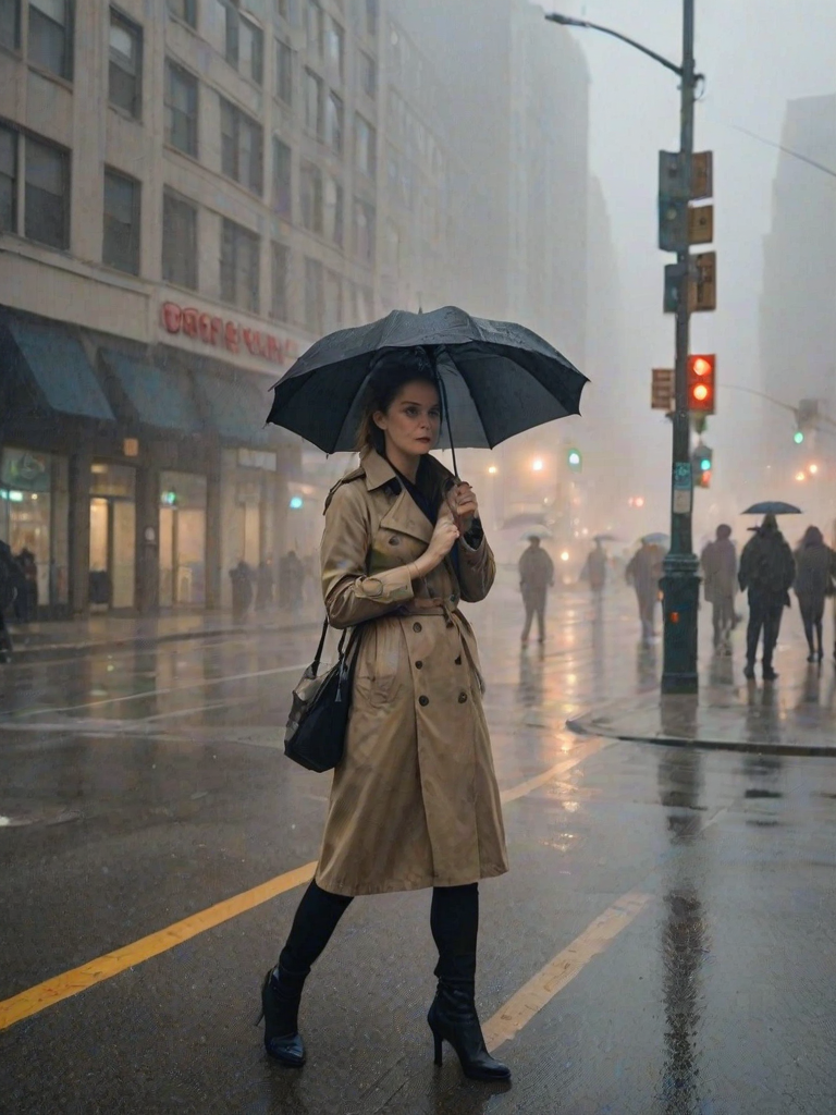 Foggy street corner in a bustling city, a woman in a trench coat stands at a crosswalk, her hand gripping her umbrella as headlights pierce the thick fog around her.