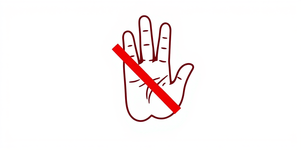 Create an image of a stop hand symbol with a red circle border and diagonal line over a hand, using a DSLR camera, 50mm lens, f/2.8 aperture, natural lighting, high resolution, with a clear focus on the symbol against a plain white background.