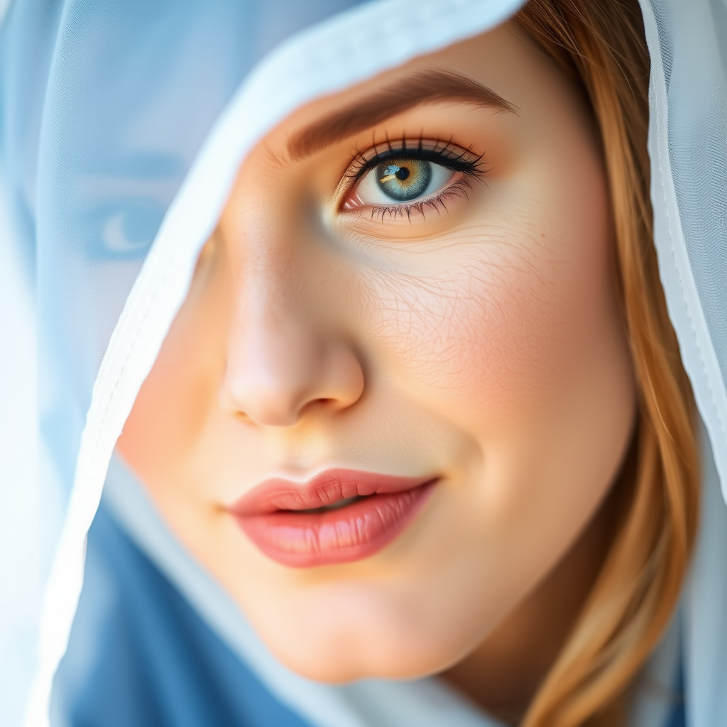 Create a serene portrait of a woman with a soft expression, wearing a blue and white veil, captured with a 50mm lens at f/1.8, in natural light, with a focus on soft gradients and gentle highlights, using a DSLR camera in portrait mode to enhance the image quality.
