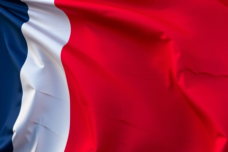Create an enhanced image of the French flag with vibrant colors, using a professional DSLR camera, 50mm lens, f/8 aperture, 1/200 sec shutter speed, and high dynamic range photography style to ensure clarity and detail.