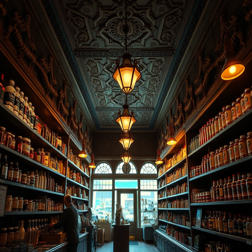 interior of a vintage pharmacy with ornate details and shelves filled with products, warm ambient lighting, DSLR camera, f/4 aperture, 1/60 sec shutter speed, ISO 200, 35mm lens, wide-angle view, high resolution