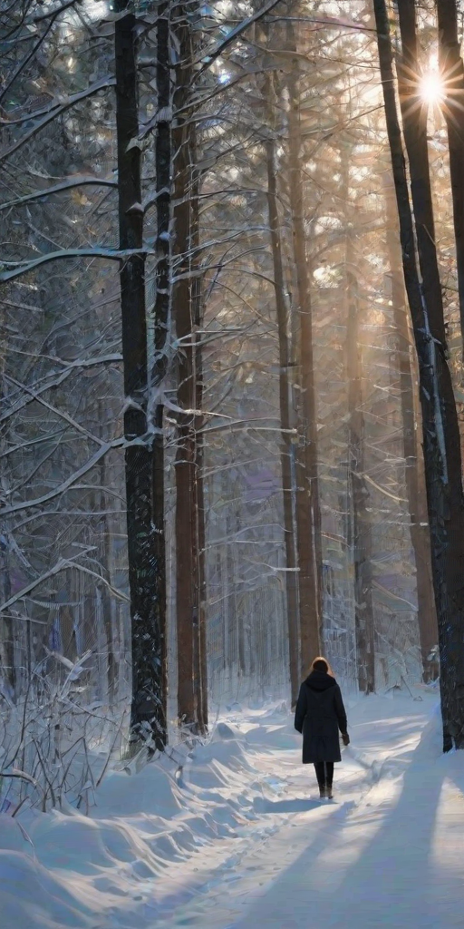 Snow-covered forest at twilight, with the last light of day casting long shadows on the snow, a woman in a thick coat walks through the trees, her breath visible in the cold air as she enjoys the peaceful scene.