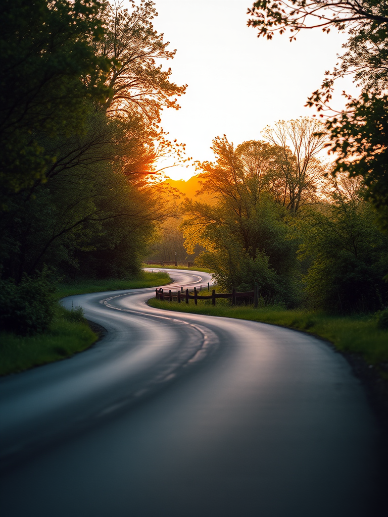 Capture a winding country road surrounded by lush trees and greenery during golden hour using a DSLR camera, 50mm lens, aperture f/2.8, shutter speed 1/200s, ISO 100, and a slight tilt from a low angle to enhance depth.