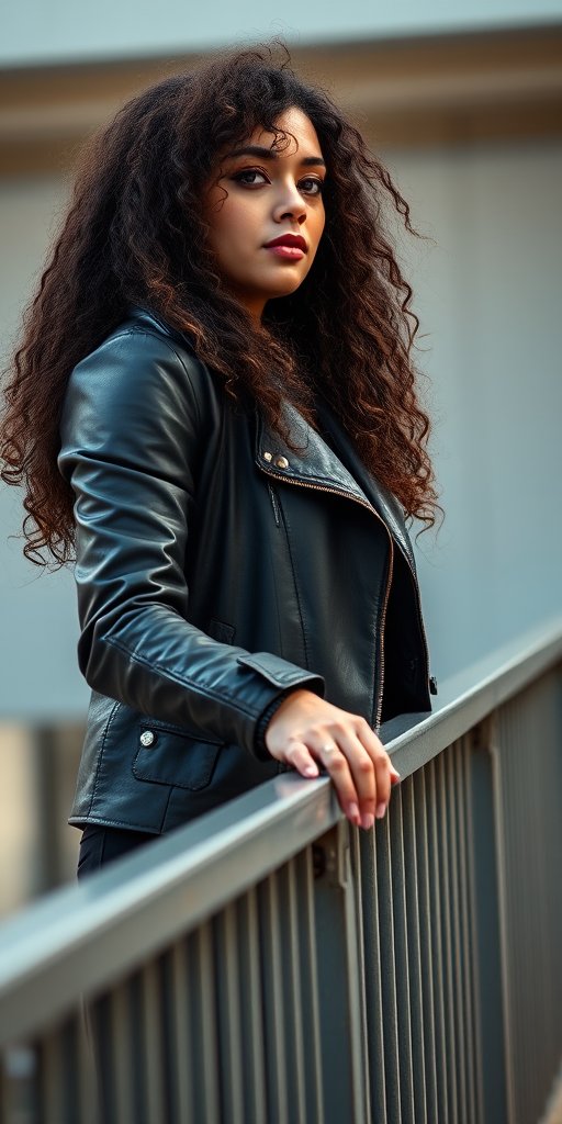 A woman with long curly hair wearing a black leather jacket standing on a metal railing, looking thoughtfully, captured in natural light with a shallow depth of field, using a DSLR camera with a 50mm lens at f/2.8, ISO 100, and a 1/200 sec shutter speed for sharpness and clarity.
