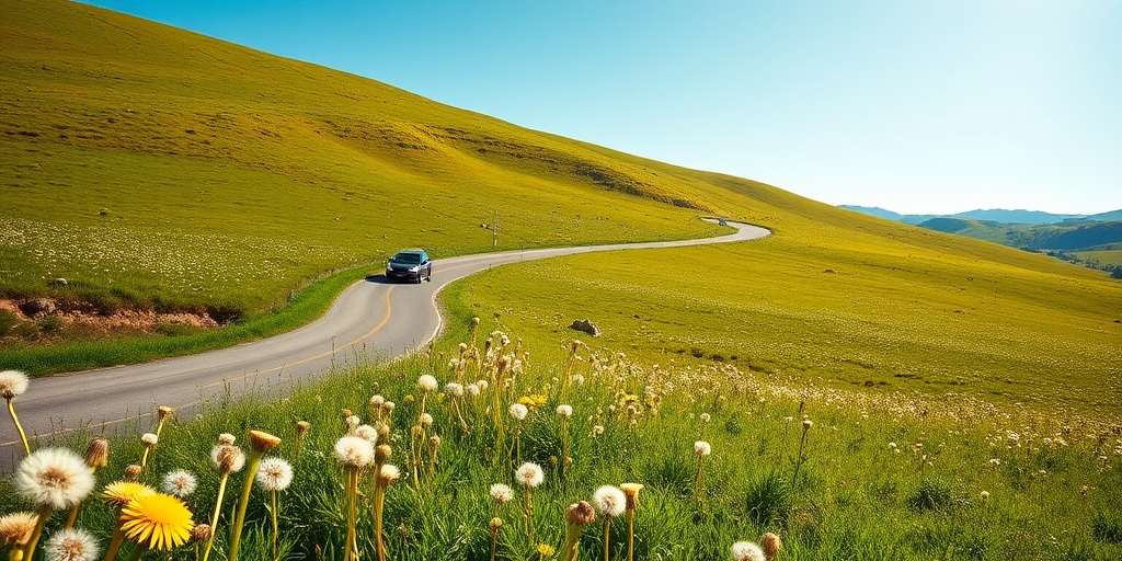 Regenerate a vibrant landscape scene featuring a winding road with a car driving through a green field dotted with dandelions, captured with a DSLR camera at f/8 aperture, 1/200 sec shutter speed, ISO 100, wide-angle lens, and a sunny, clear blue sky.