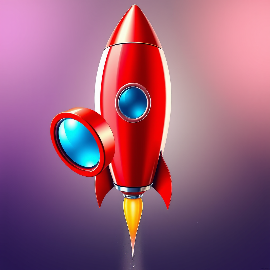 Create a vibrant digital illustration of a red rocket with a shiny metallic tip and blue window, set against a gradient space background, captured using a wide-angle lens at f/8, ISO 100, 1/200s, with a soft-focus effect for depth and clarity, using a high-resolution digital camera.