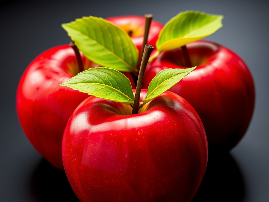 Create a high-resolution digital illustration of four glossy red apples clustered together, with bright green leaves on top, using a Canon EOS 5D Mark IV camera with a 50mm lens, aperture set to f/1.8, ISO 100, and soft diffused lighting for enhanced detail and color vibrancy.