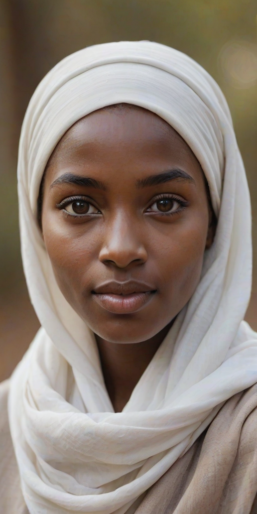 Create a portrait of a young Nubian female with long, dark hair and captivating hazel eyes. She is wearing a white headscarf and a matching scarf draped gracefully around her neck. The background is softly blurred, focusing attention on her serene and natural expression. The overall color palette is muted and warm, enhancing the intimate and authentic feel of the portrait.