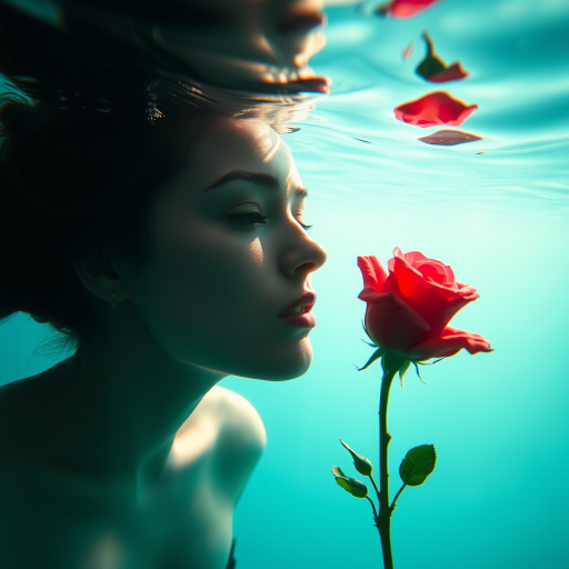 A woman underwater, gazing at a rose Her face is reflected in the water's surface The scene is illuminated by sunlight filtering through the water The atmosphere is serene and contemplative