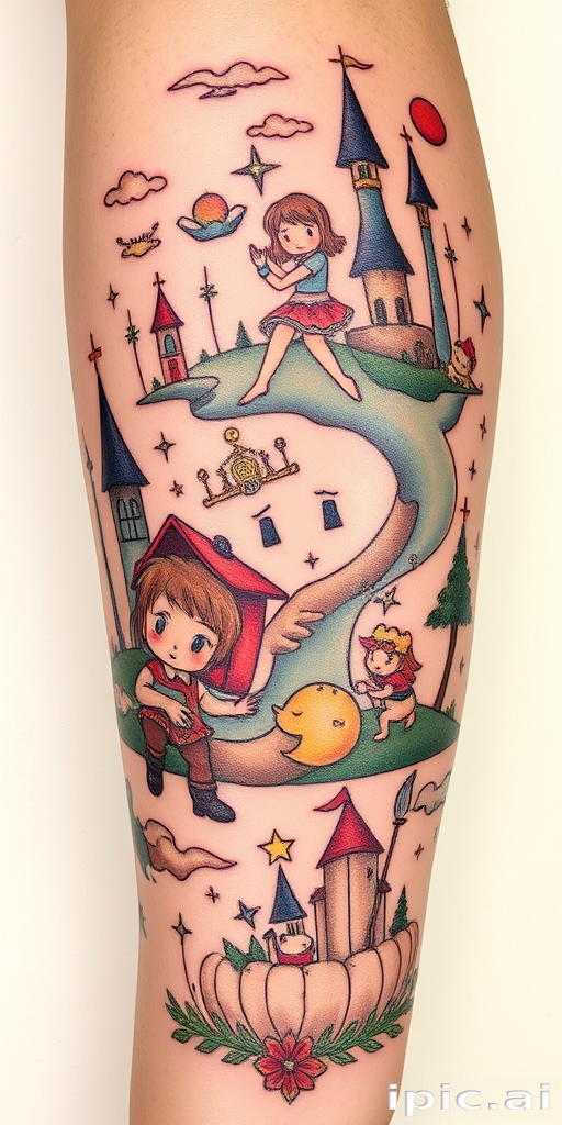 Illustrative tattoo called "Storybook Skin" depicting whimsical scenes and characters from fairy tales and folklore with a hand-drawn quality and soft color palette