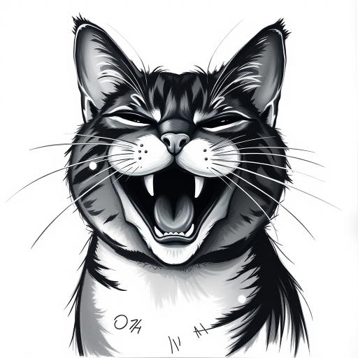 Abstract black and white acrylic portrait of an over exaggerated laughing (cat). Minimalism style. White background.