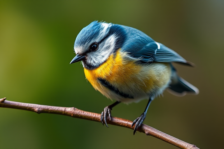 Capture a close-up of a blue tit bird perched on a branch, using a Canon EOS R5 camera with a 100mm f/2.8 macro lens, ISO 200, aperture f/4, shutter speed 1/500s, natural soft lighting, shallow depth of field.