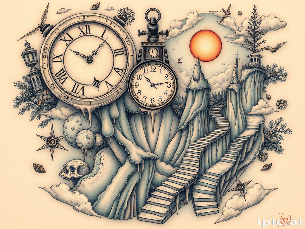 Surrealist tattoo "Dreamscape Odyssey" blending elements of nature and fantasy in a dreamlike composition, with melting clocks, floating islands, and impossible staircases in muted pastel hues
