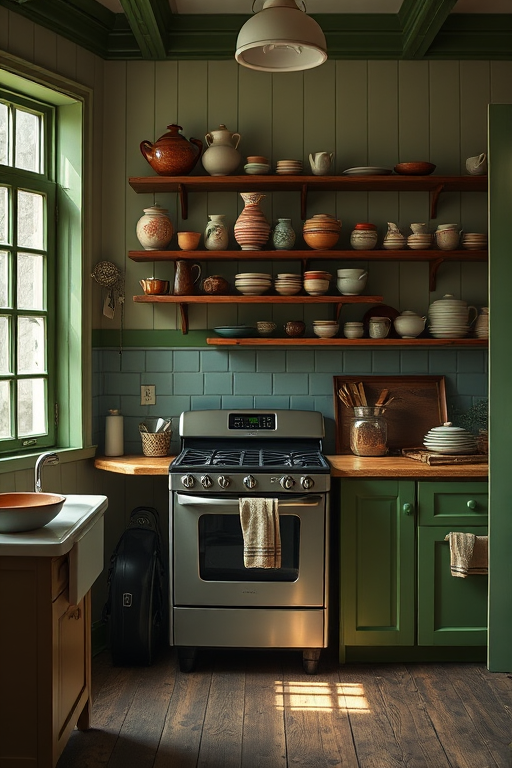 Create a photorealistic image of a vintage kitchen with green cabinetry, wooden shelves filled with pottery, a stove, and a window with natural light, using a Canon EOS R5, 35mm lens, f/4 aperture, 1/60 sec shutter speed, and ISO 100 for enhanced clarity and detail.