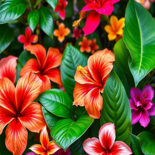 Create a vibrant floral illustration featuring a variety of tropical flowers and lush green leaves, focusing on hibiscus and other colorful plants, captured with a macro lens at f/4.0, ISO 100, 1/200s, in natural light to enhance detail and colors, with a slight bokeh effect in the background, using a digital DSLR camera.