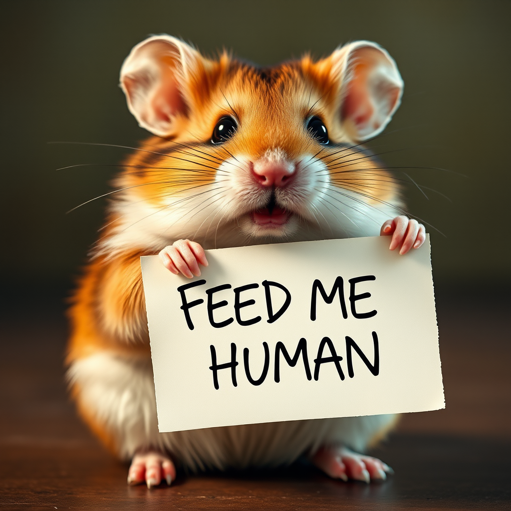 hamster holding a note which says "FEED ME HUMAN"