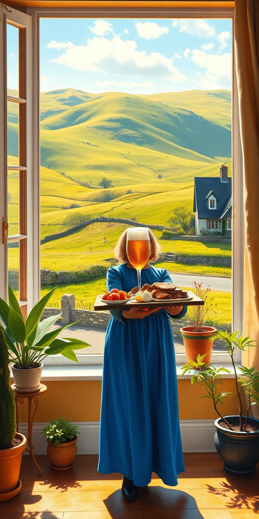 In "A Glass of Beer on the Highland," a serene scene is depicted in a sunlit room where a woman in a vibrant blue dress stands by a large window. She holds a tray with a hearty meal and a frothy glass of beer, embodying a moment of relaxation. Outside, the breathtaking highland landscape features rolling green hills and a charming traditional house, all bathed in warm afternoon light. The interior is adorned with potted plants, creating a harmonious blend of comfort and nature. The painting beautifully captures the tranquility and joy found in simple pleasures amidst stunning scenery
