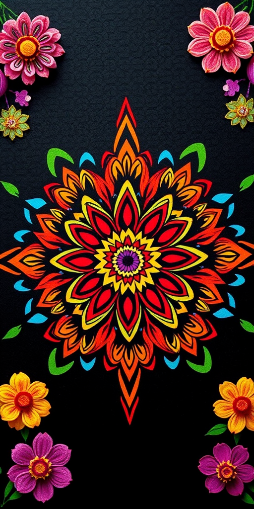 Create a vibrant mandala flower design with intricate patterns and bright colors on a black background, shot with a Canon EOS R5, 50mm lens, f/2.8 aperture, ISO 100, in a flat lay style for enhanced clarity and detail.