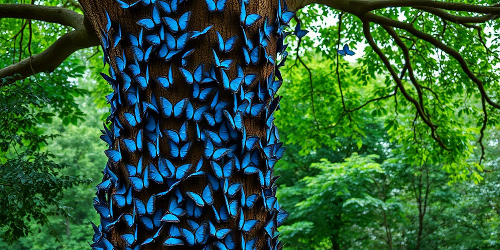 Create an image of a large tree covered with vibrant blue butterflies. The butterflies should be scattered across the trunk and branches, with a few fluttering in the air. The scene should be set in a lush green environment, highlighting the contrast between the vivid blue of the butterflies and the natural colors of the tree and foliage.