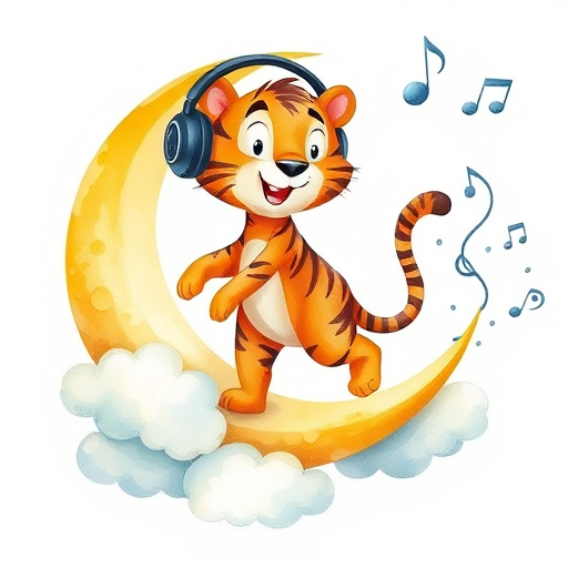 Create an illustration of a cheerful tiger wearing headphones, walking on a large crescent moon surrounded by fluffy clouds and flowing musical notes, using a digital watercolor style, with a 50mm lens, f/2.8 aperture, ISO 100, and a soft focus background for enhanced clarity.