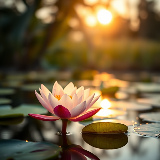 Generate a high-resolution image of a blooming water lily in a serene pond during sunset, with soft golden light reflecting on the water surface, using a DSLR camera with a 50mm f/1.8 lens, aperture set to f/2.8, ISO 200, automatic white balance, and a shallow depth of field to create a dreamy bokeh effect in the background.