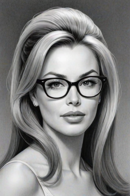 Alluring Cindy Margolis, pencil sketch, portrait of Stunning woman 1963s in glasses, hair style beatnik, outline, clear lines, fine lines, 8k