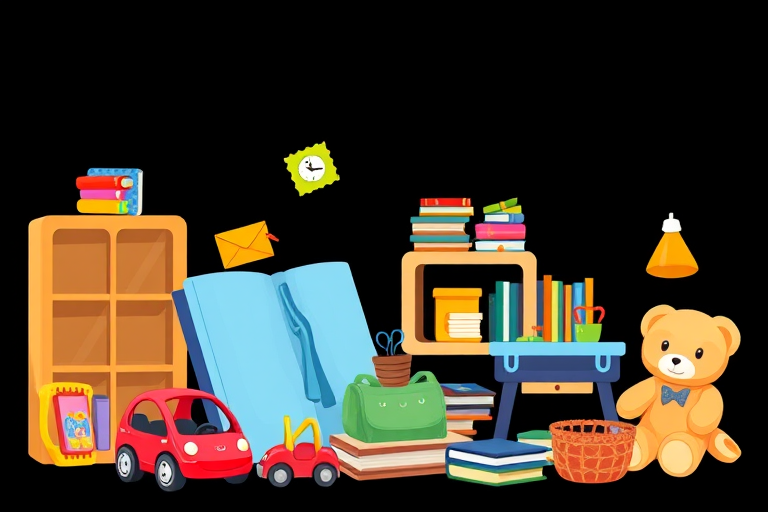 Create a colorful illustration of various children's items including a book, toy car, teddy bear, bookshelf, desk, and more, using a vibrant cartoon style, captured with a DSLR camera at f/2.8 aperture, ISO 100, and a 50mm lens for detailed focus on the objects against a plain black background.