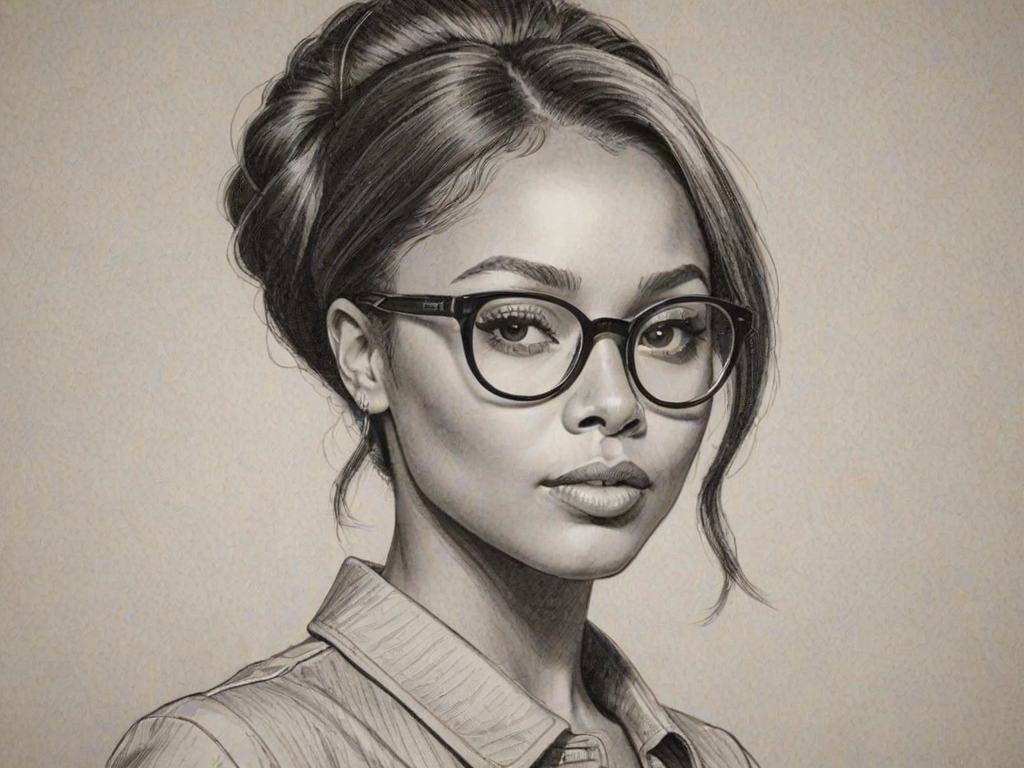 Pleasing Kat Graham, pencil sketch, portrait of Fascinating woman 1960s in glasses, hair style beatnik, outline, clear lines, fine lines, 8k
