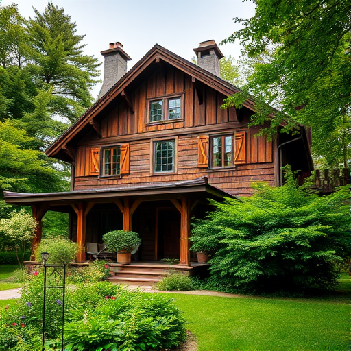 regenerate an image of a rustic timber-framed house surrounded by lush greenery, taken from a slightly elevated angle using a DSLR camera, focal length 35mm, aperture f/8, ISO 200, natural lighting to enhance details and colors