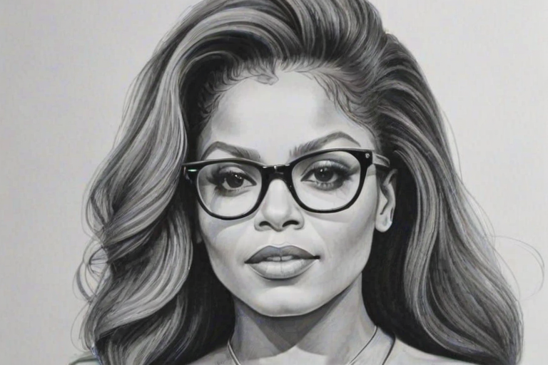 Sublime Janet Jackson, pencil sketch, portrait of Gorgeous woman 1969s in glasses, hair style beatnik, outline, clear lines, fine lines, 8k
