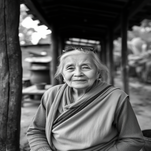 Regenerate a black and white portrait of an elderly woman sitting under a wooden structure with a serene expression, captured with a Canon EOS R5, 50mm lens, f/1.8 aperture, 1/200s shutter speed, ISO 100, natural lighting for enhanced details and sharpness.
