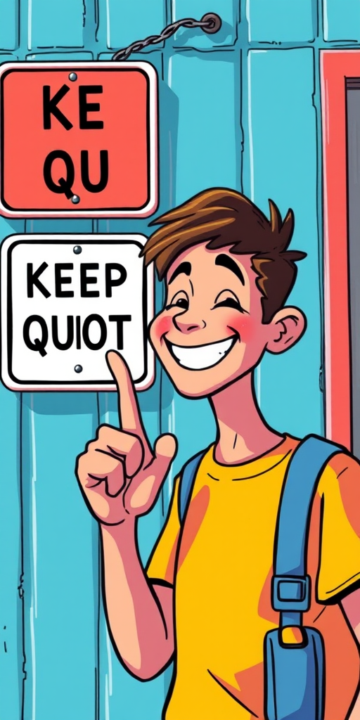 Create a brightly colored illustration of a smiling person with a cartoonish style, pointing at a sign that says "KEEP QUIET" with a finger to their lips, using a 50mm lens, aperture f/2.8, ISO 100, in sunlight, capturing a vibrant and playful scene.