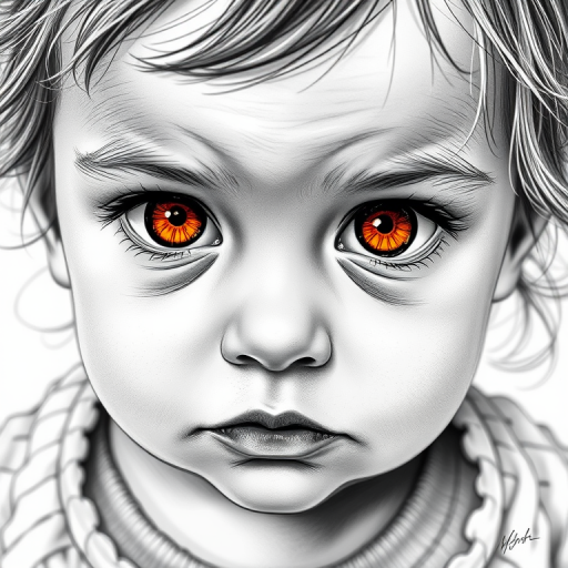 A hyperdetailed photorealistic black and white sketch of a beautiful toddler with deep orange eyes, with a macro focus
