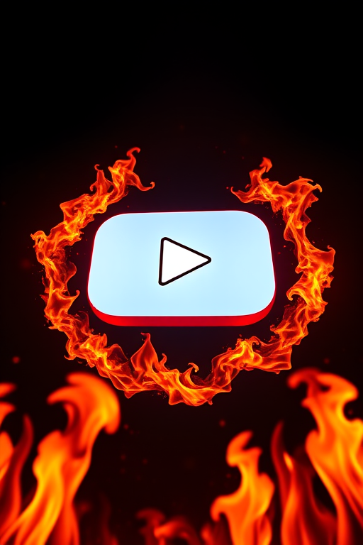 Create an image of a large, glowing YouTube play button surrounded by vibrant flames with a dark gradient background, shot with a Canon EOS R5 at f/1.8, ISO 100, 1/250s, using a low-angle view and a cinematic style to enhance the visual impact.