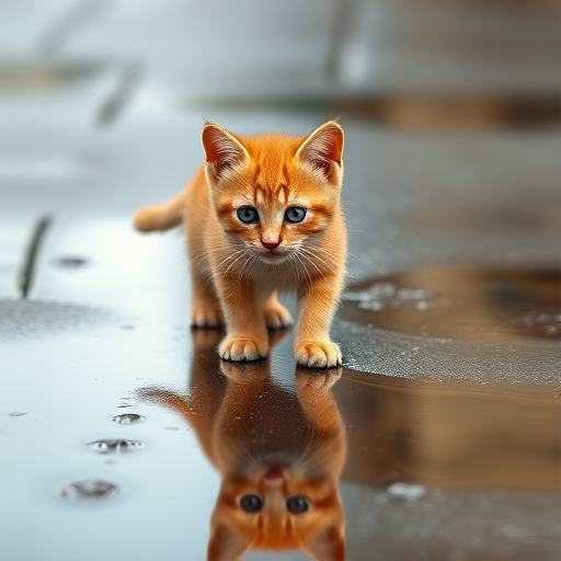 Generate an image of a small orange tabby kitten standing on a wet pavement with reflections in a puddle, using a Canon EOS 5D Mark IV, aperture f/2.8, shutter speed 1/250s, ISO 100, natural light, with a shallow depth of field to create a soft background blur.