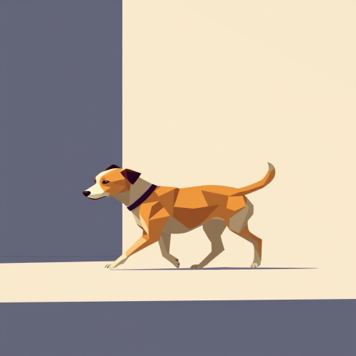 Create a high-resolution vector illustration of a minimalist walking dog in a geometric style, captured with a Canon EOS R5 at f/8, ISO 100, 50mm lens, natural light, and a shallow depth of field.