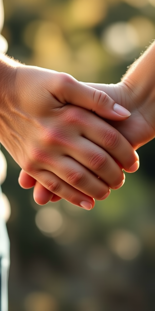 a close-up of two hands gently holding each other with soft, natural lighting, portrait orientation, 50mm lens, f/2.8 aperture, ISO 100, shallow depth of field, DSLR camera