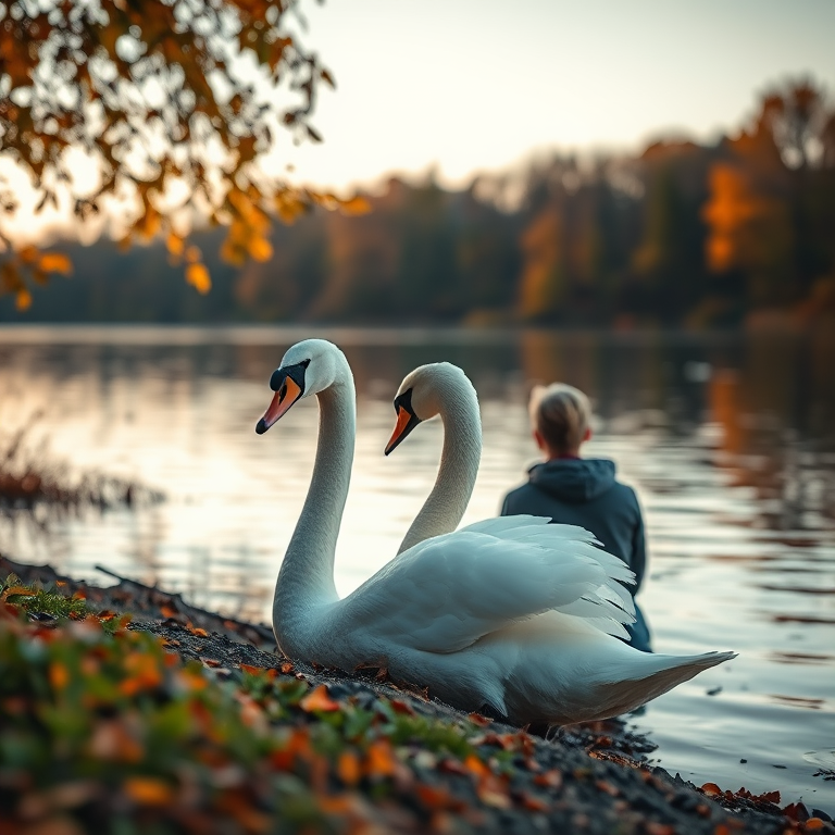 Regenerate a serene lakeside scene with a person sitting beside a swan, surrounded by autumn foliage, soft focus, golden hour lighting, using a DSLR camera at f/4 aperture, 50mm lens, ISO 100, natural light, high dynamic range.
