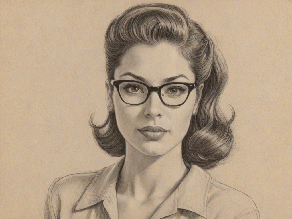 Charming Eve Mendes, pencil sketch, portrait of Pleasing woman 1951s in glasses, hair style beatnik, outline, clear lines, fine lines, 8k