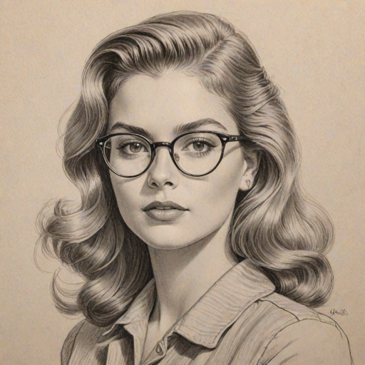 Gorgeous Brighton Sharbino, pencil sketch, portrait of Wonderful woman 1940s in glasses, hair style beatnik, outline, clear lines, fine lines, 8k