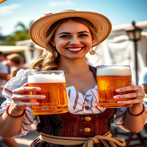 Regenerate the image of a smiling woman in traditional attire holding multiple beer mugs, sunny outdoor setting, aperture f/2.8, shutter speed 1/250s, ISO 100, wide-angle lens, vibrant colors, high-resolution, capturing joyful atmosphere.