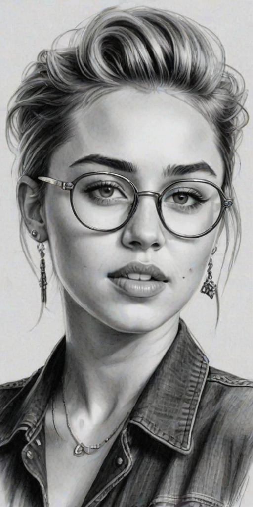 Enticing Miley Cyrus, pencil sketch, portrait of Enchanting woman 1921s in glasses, hair style beatnik, outline, clear lines, fine lines, 8k