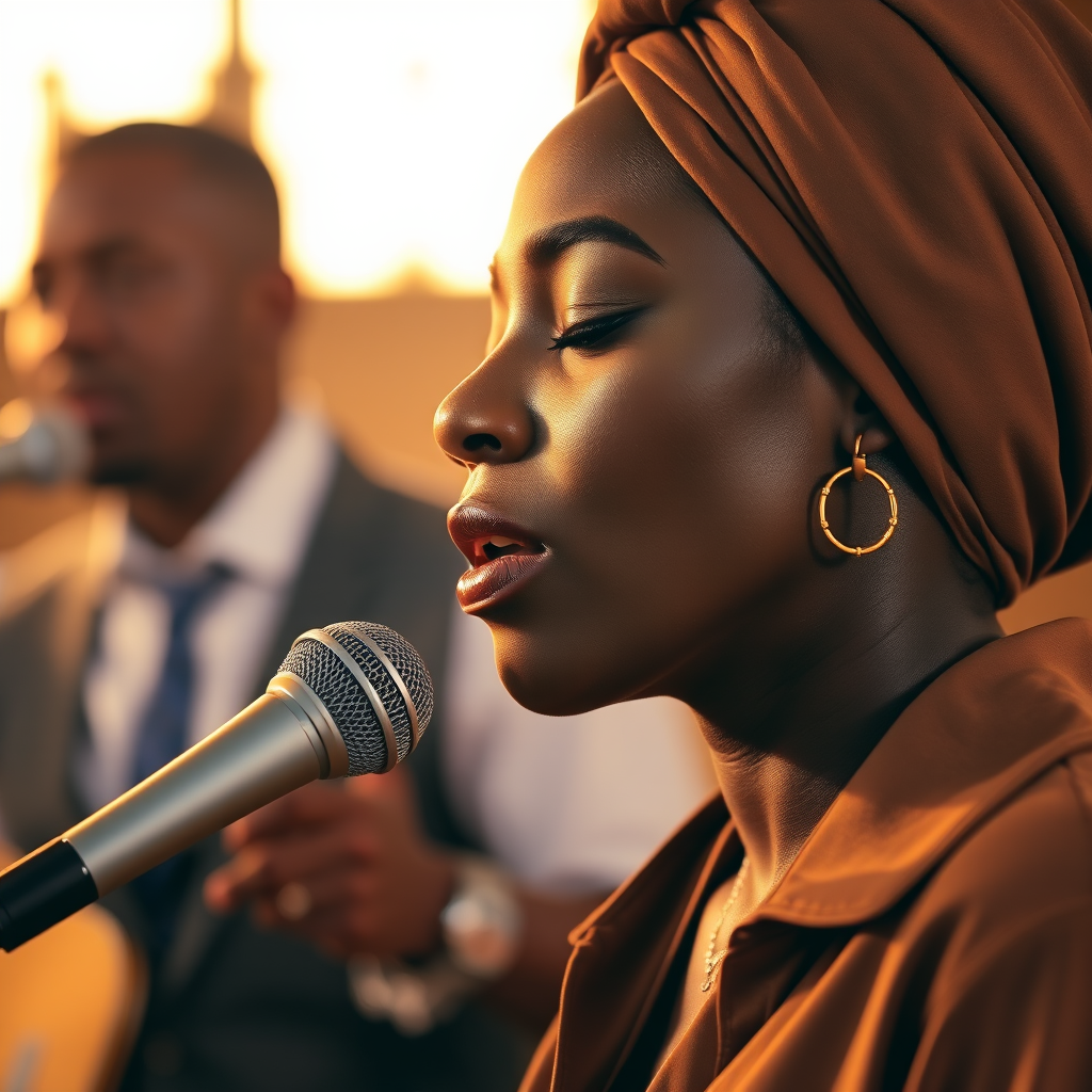 A close-up portrait of a Black woman with her eyes closed, singing into a microphone, positioned on the right side of the frame, facing the viewer. She is wearing a brown headscarf, gold earrings, and a brown blouse, and is bathed in warm, golden light emanating from the windows behind her. A blurred figure of a man singing into a microphone is visible in the background. The scene has a sense of calm and spirituality.