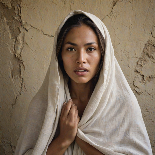 Create a close-up photographic image of a Maori woman with light skin tones shown against an old, worn wall. Their head is wrapped in a white cloth covering (i.e.... parts of the head except the nose and mouth, which are open as if they are screaming...), with a slight texture and visible folds in the fabric. Thin strands of blonde hair escape from the wrapping above, falling lightly at the top and sides. Their hands hold the fabric as if they are tugging nervously. The lighting is dramatic and even, casting strong shadows. The image has a minimalist and surreal style with an emphasis on simplicity with soft color tones. The composition is centered.