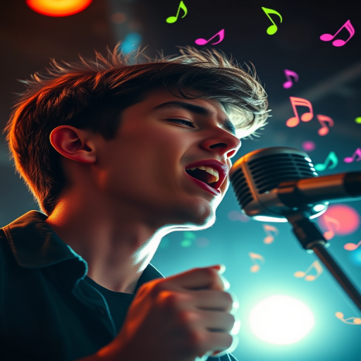 Create a hyper-realistic portrait of a young male singer passionately performing into a vintage microphone with vibrant musical notes swirling around him, shot with a Canon EOS R5 at f/1.8, ISO 100, 1/200s, in a dramatic low-angle view with enhanced lighting effects.