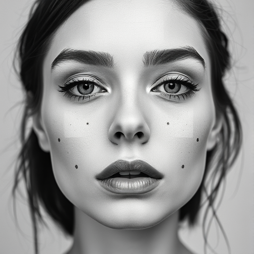 Create a high-resolution abstract portrait of a stylized face with geometric shapes in a monochrome palette, using a Canon EOS R5 camera with a 50mm f/1.2 lens, shot at f/8, ISO 100, in a minimalist studio setup with soft lighting to enhance texture and contrast.