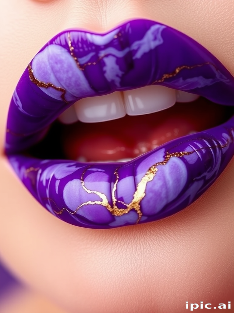 Vivid purple lips with marble swirls in white and gold, called "Amethyst Aura," feature a high-shine finish and subtle duochrome effect for luxurious evening events