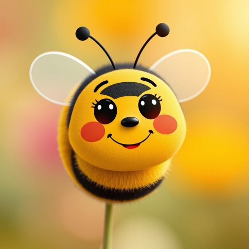 Create a cute cartoon bee with a smiling face, black and white stripes, and rounded wings, captured with a DSLR camera at f/2.8 aperture, ISO 100, with a shallow depth of field, focusing on the bee against a soft blurred background.