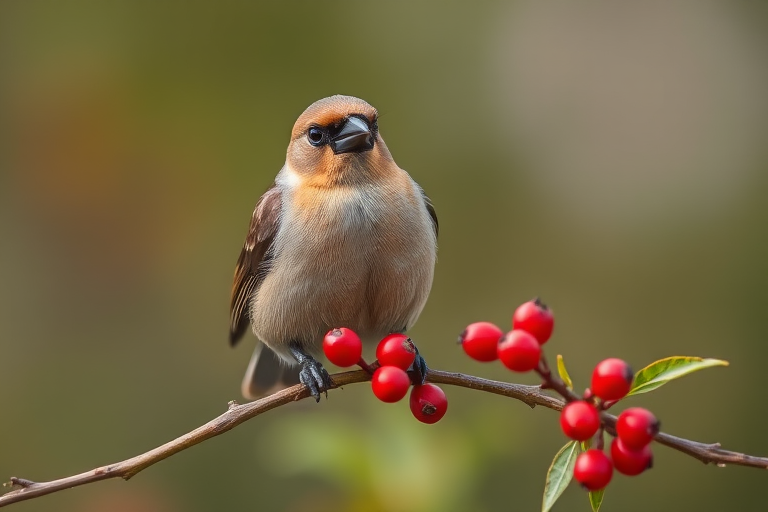 a close-up of a waxwing bird perched on a branch with red berries against a blurred background