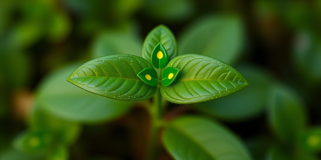 Create a minimalist logo design of a stylized green plant with yellow dots, using a Canon EOS R5 camera with a 50mm lens, f/1.8 aperture, ISO 100, shot from a top-down view with a soft focus style for enhanced clarity and color vibrancy.